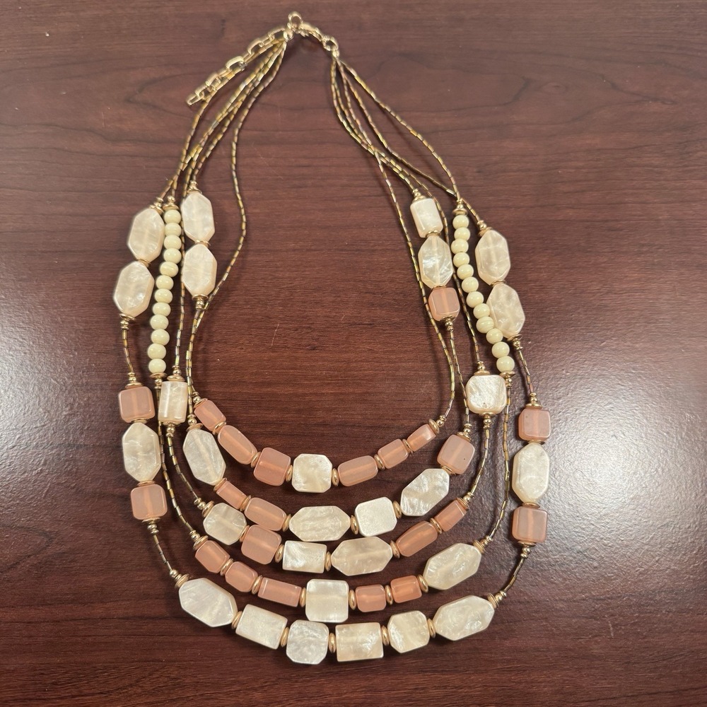 5-strand Cream Beige Pink Beads Gold Tone Accents Pier 1 Imports 16” Necklace